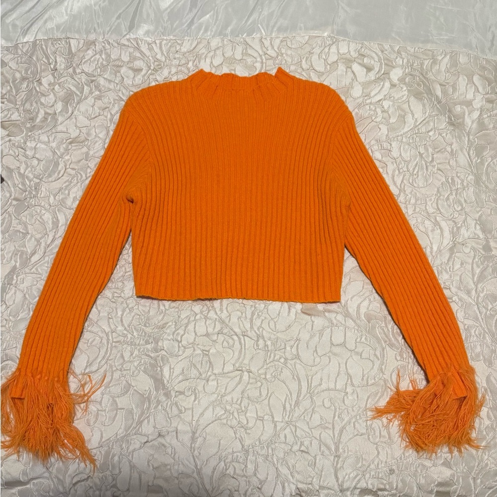 Orange crop sweater with feathers size large